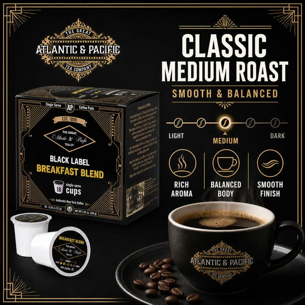 A&P Breakfast Blend Medium Roast Coffee Pods, 100% Arabica, 72 Count