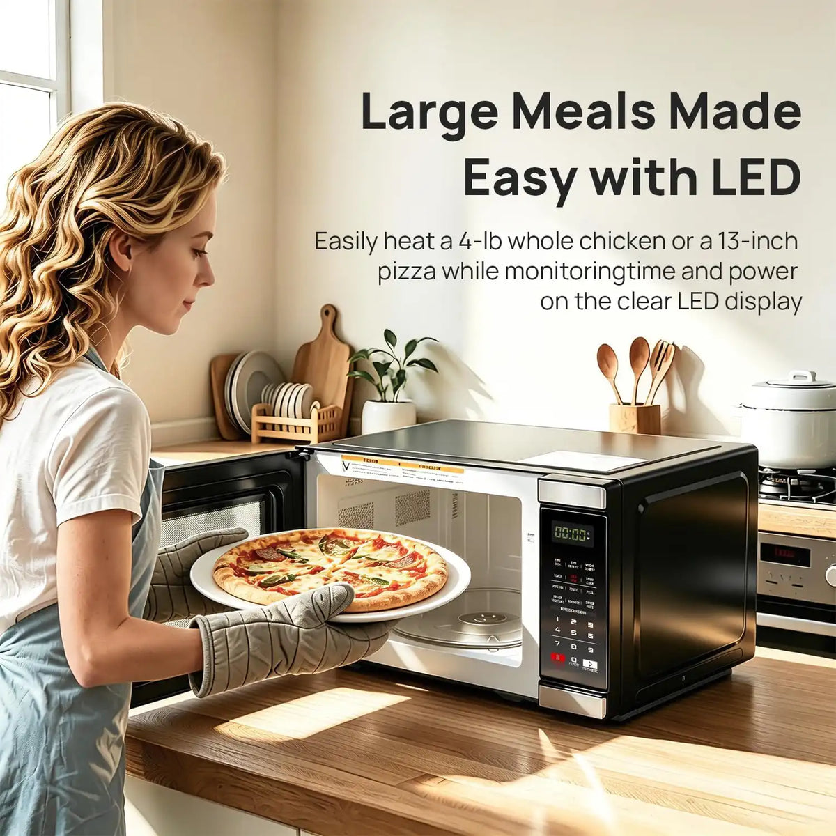 Smad 1000 Watt Microwave Countertop Ovens, Black Digital Small Microwave 1.1 Cu Ft, Large Microwave 6 Auto Cooking, Eco Mode, Child Lock, 10 Power Level, Led Display, Easy Clean, Memory Function