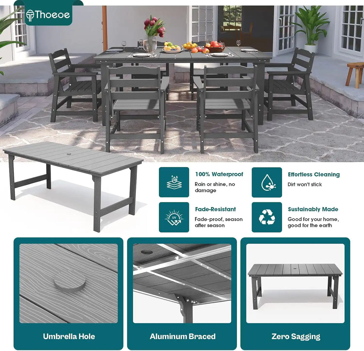 THOEOE Outdoor Dining Chair Set of 2, HDPE Patio Armchairs Grey