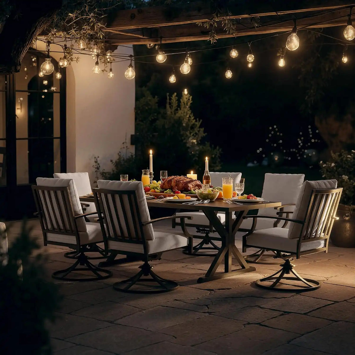 ALAULM 7-Piece Patio Dining Set,Outdoor Metal Dining Set with 6 Swivel Chairs & Rectangle Table with 1.5 Umbrella Hole, Patio Dining Table and Chairs for Backyard, Sand