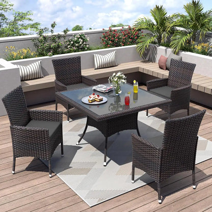 ALAULM 5 Piece Patio Dining Set All-Weather Wicker Outdoor Furniture Set w/Tempered Glass Tabletop, Removable Cushions and Umbrella Hole for Patio, Backyard, Garden, Poolside（Grey）