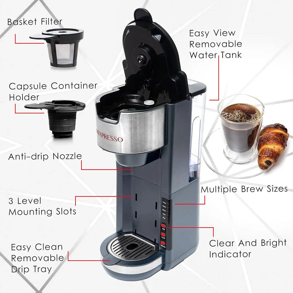Mixpresso Gray Single Serve Coffee Brewer K-Cup Pods Compatible & Ground