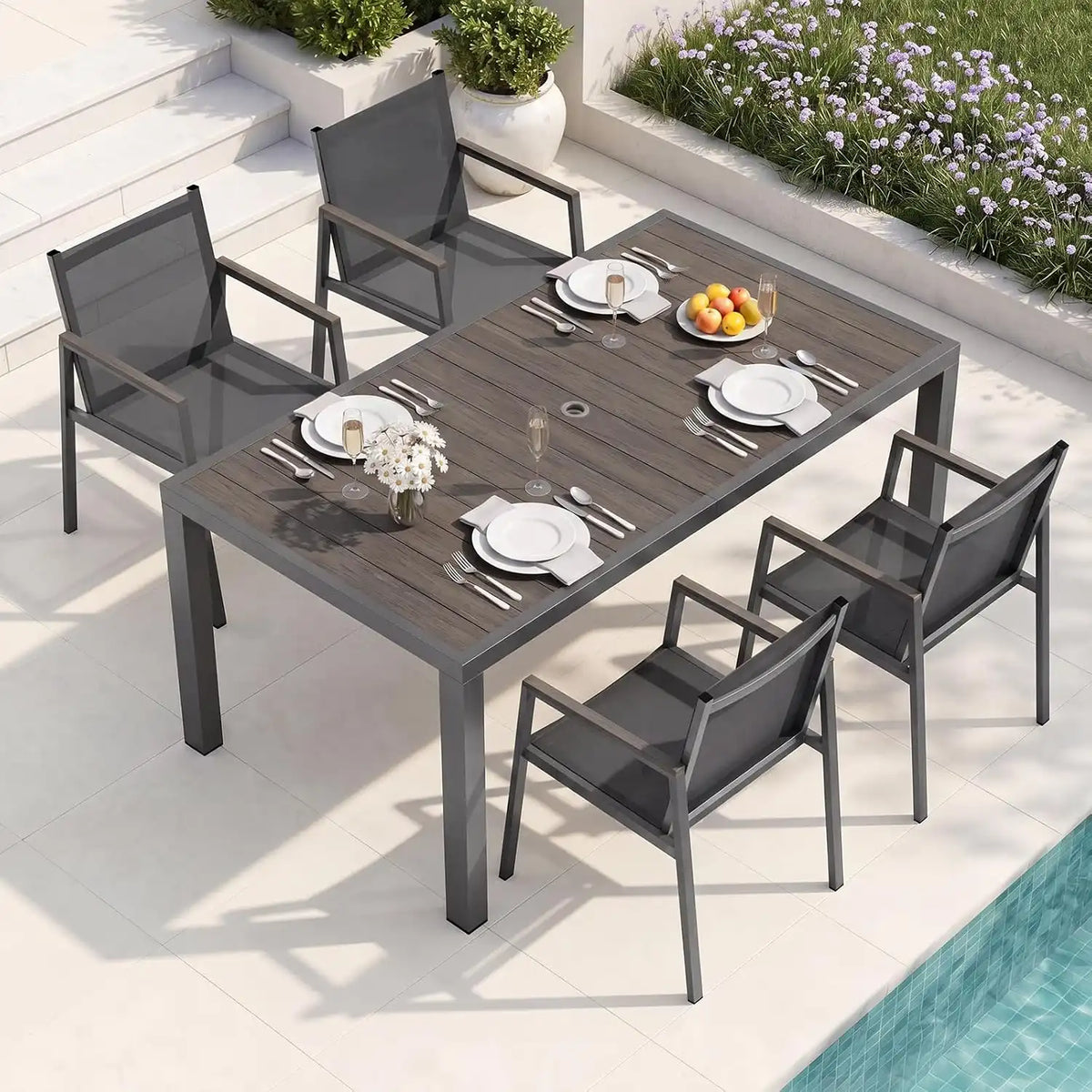 Outdoor Dining Set for 4, Aluminum Patio Table and Chairs Set, 5-Piece All Weather Patio Dining Furniture Set with Umbrella Hole for Backyard, Deck, Poolside (Charcoal)