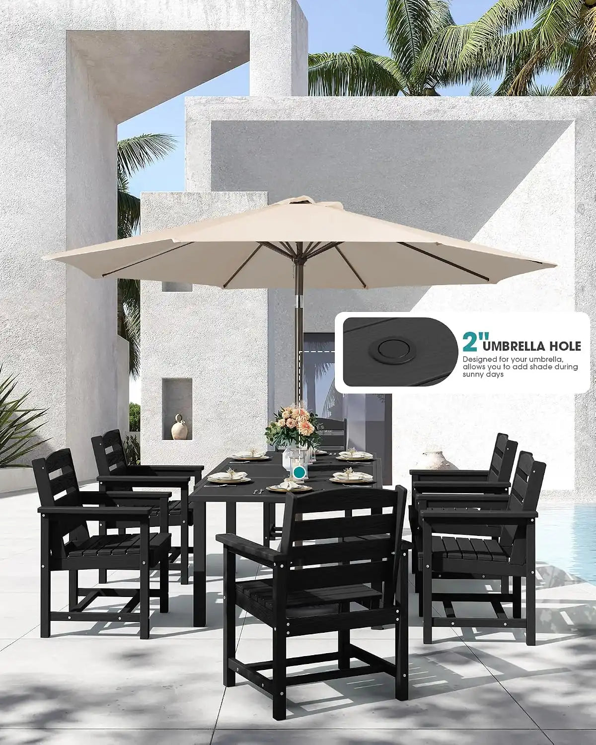 SERWALL 60" - 83" Expandable Outdoor Dining Table and 6 HDPE Chairs, Black