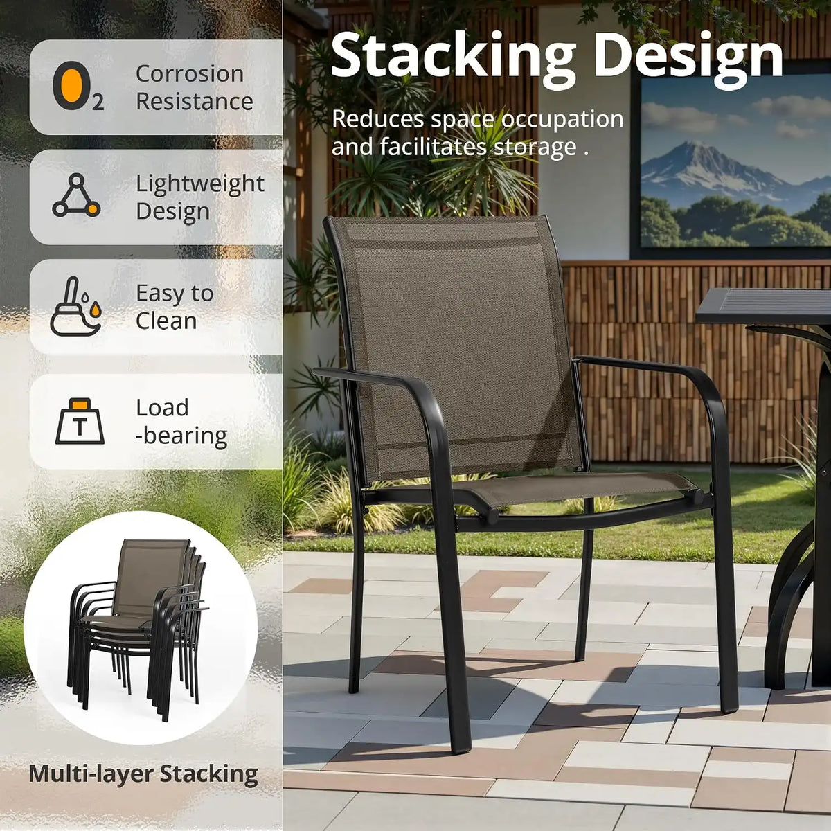 SUNCROWN 7 - Piece Outdoor Dining Set, Patio Furniture Set with 6 x Textilene Dinning Chairs and 1 Steel Slat Metal Bistro Table for Lawn Garden Backyard Deck, Brown