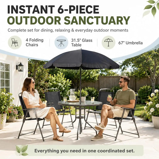 6-Piece Patio Dining Set for 4 with Umbrella (Black)
