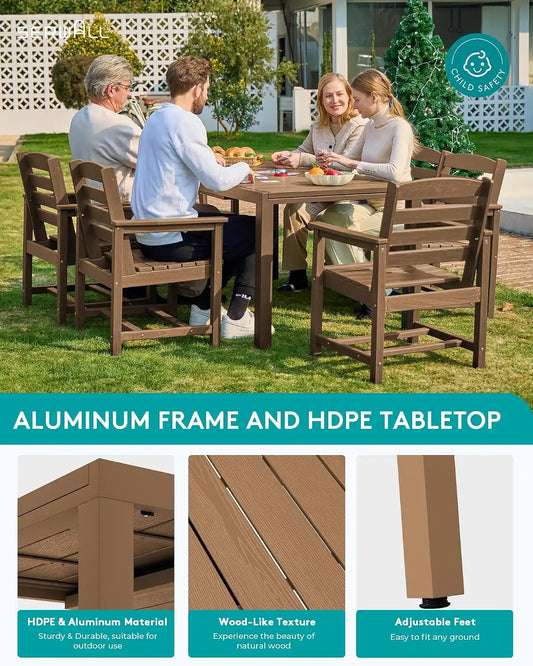 SERWALL 60" - 83" Expandable Outdoor Dining Table and 6 HDPE Chairs, Brown