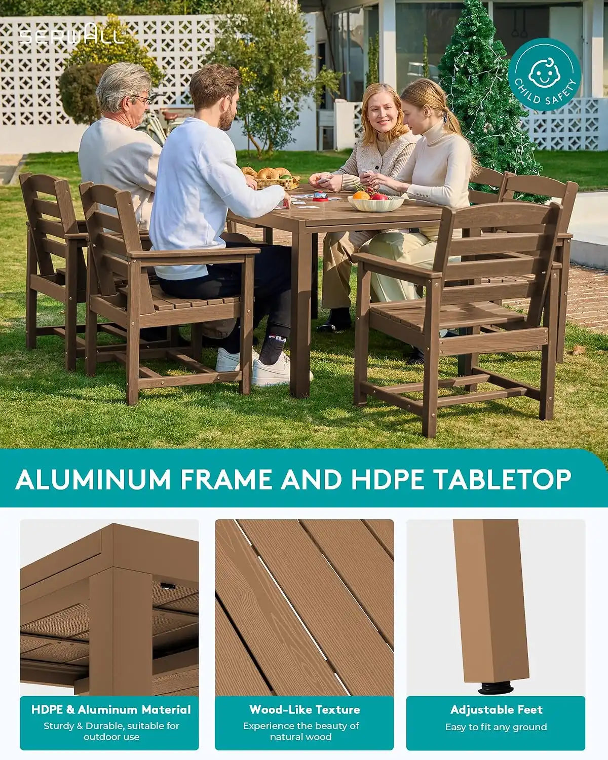 SERWALL 60" - 83" Outdoor Expandable Dining Table, Brown