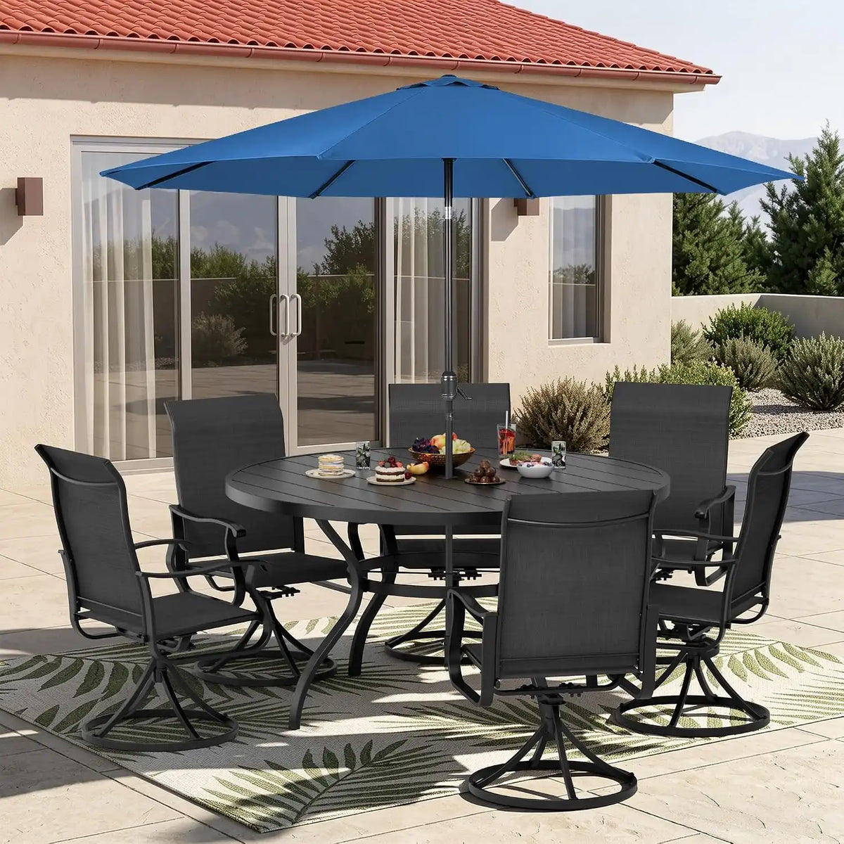 SUNCROWN 8-Piece Outdoor Dining Set, All Weather Patio Furniture Sets with 6 Black Swivel Textilene Mesh Chairs & Round Metal Table & 1 Dark Blue 9Ft Umbrella for Deck Garden Backyard Poolside