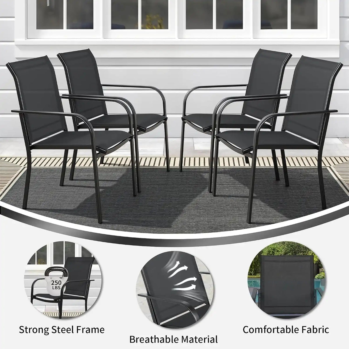 SUNCROWN 8 - Piece Outdoor Dining Set, Patio Furniture Set with 6 Textilene Dinning Chairs, 1 Rectangle Metal Table and 1 Sky Blue 9Ft Patio Umbrella for Lawn Garden Backyard Deck, Black
