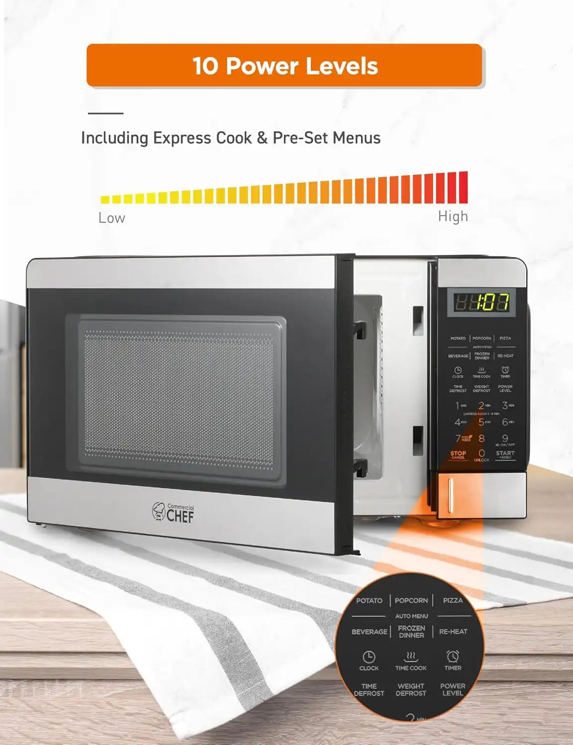 Commercial Chef 0.7 Cu. Ft. Countertop Microwave Oven, CHM770S, Stainless