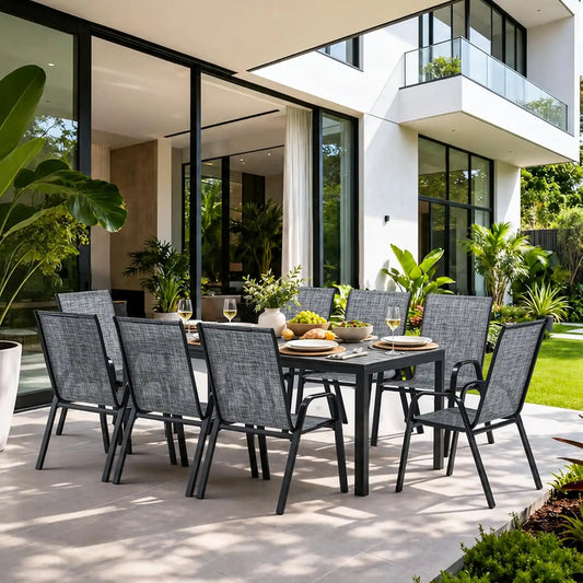 Pamapic Outdoor Dining Sets for 9, Rectangular Steel Slat Table with 8 Textilene Chairs, 8 Piece Patio Table and Chairs Set with Umbrella Hole for Patio, Backyard, Poolside (Grey, No Umbrella)