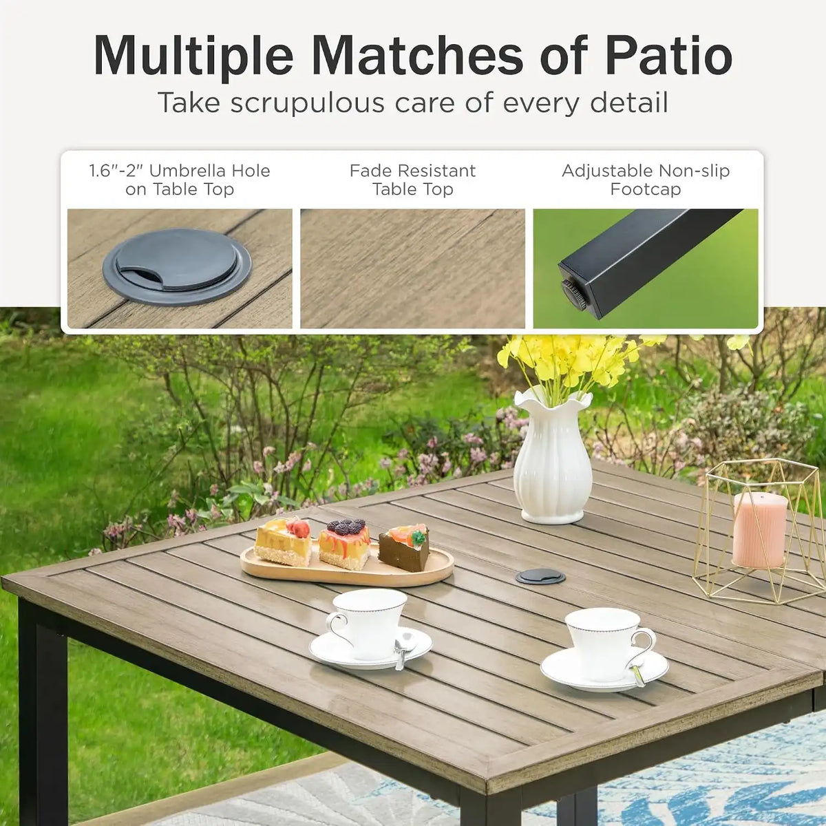 PHI VILLA Patio Dining Set, Swivel Chairs, Square Metal Table