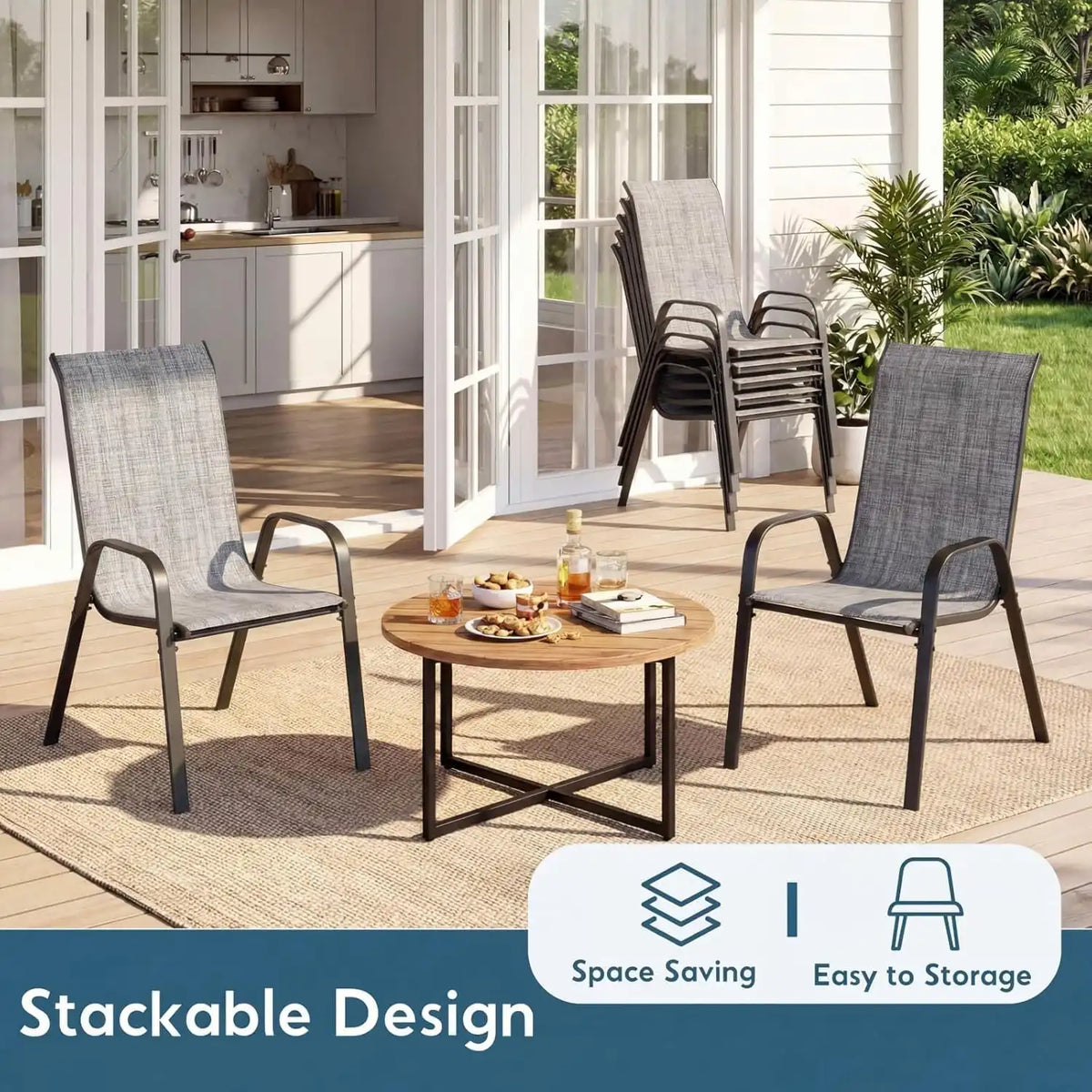 Arlopu 5 Pieces Outdoor Patio Dining Set, Glass Table and Textilene Chair
