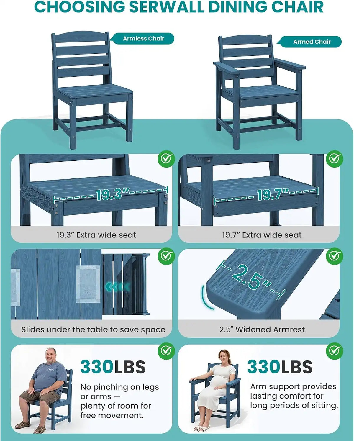 SERWALL Armless Outdoor Dining Set, Patio Dining Set for 6, Blue
