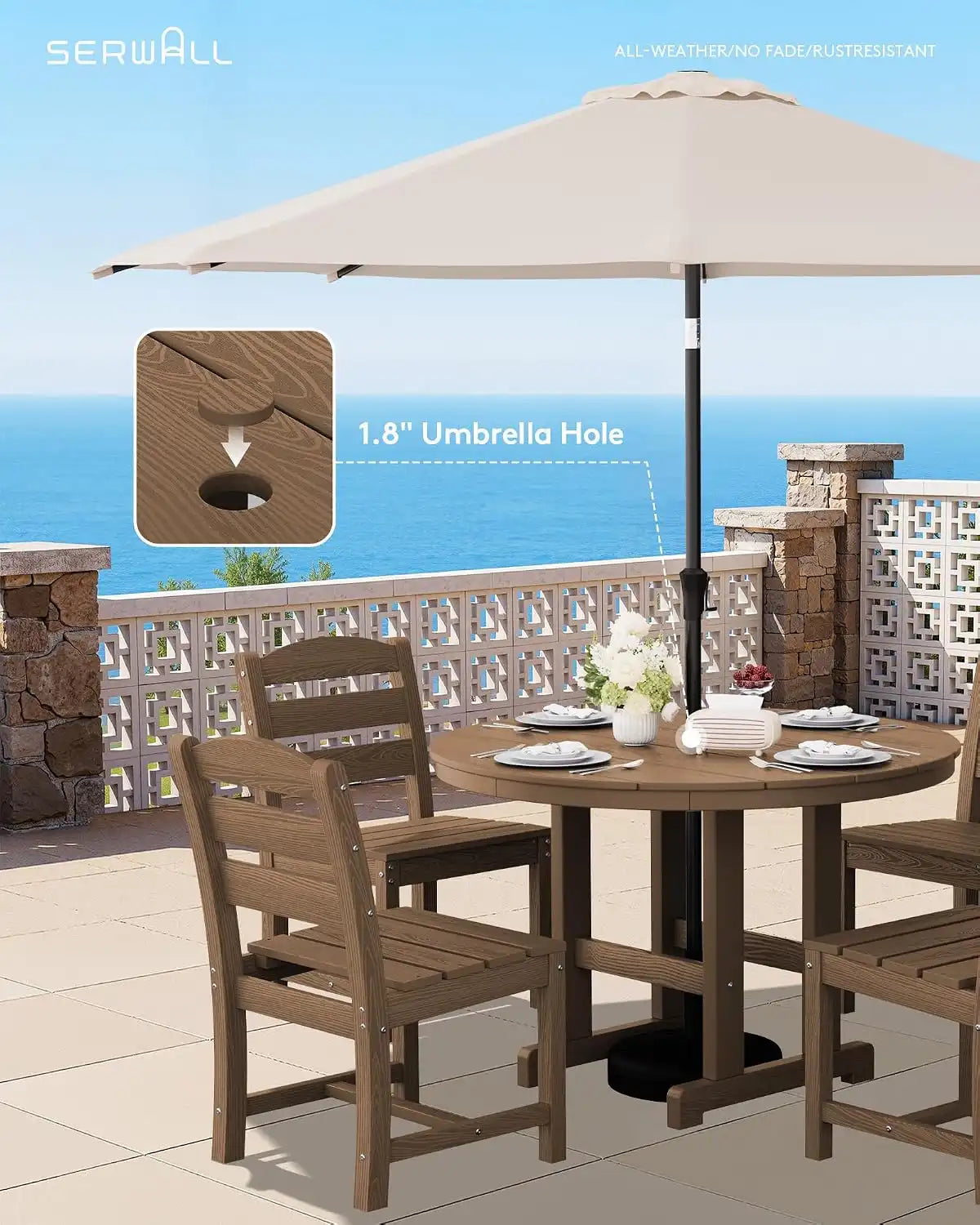 SERWALL 5-Piece Patio Dining Set, 45" Table & 4 Armless Chairs, Brown