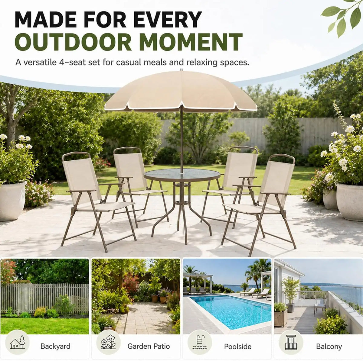 6-Piece Patio Dining Set for 4 with Umbrella (Beige)