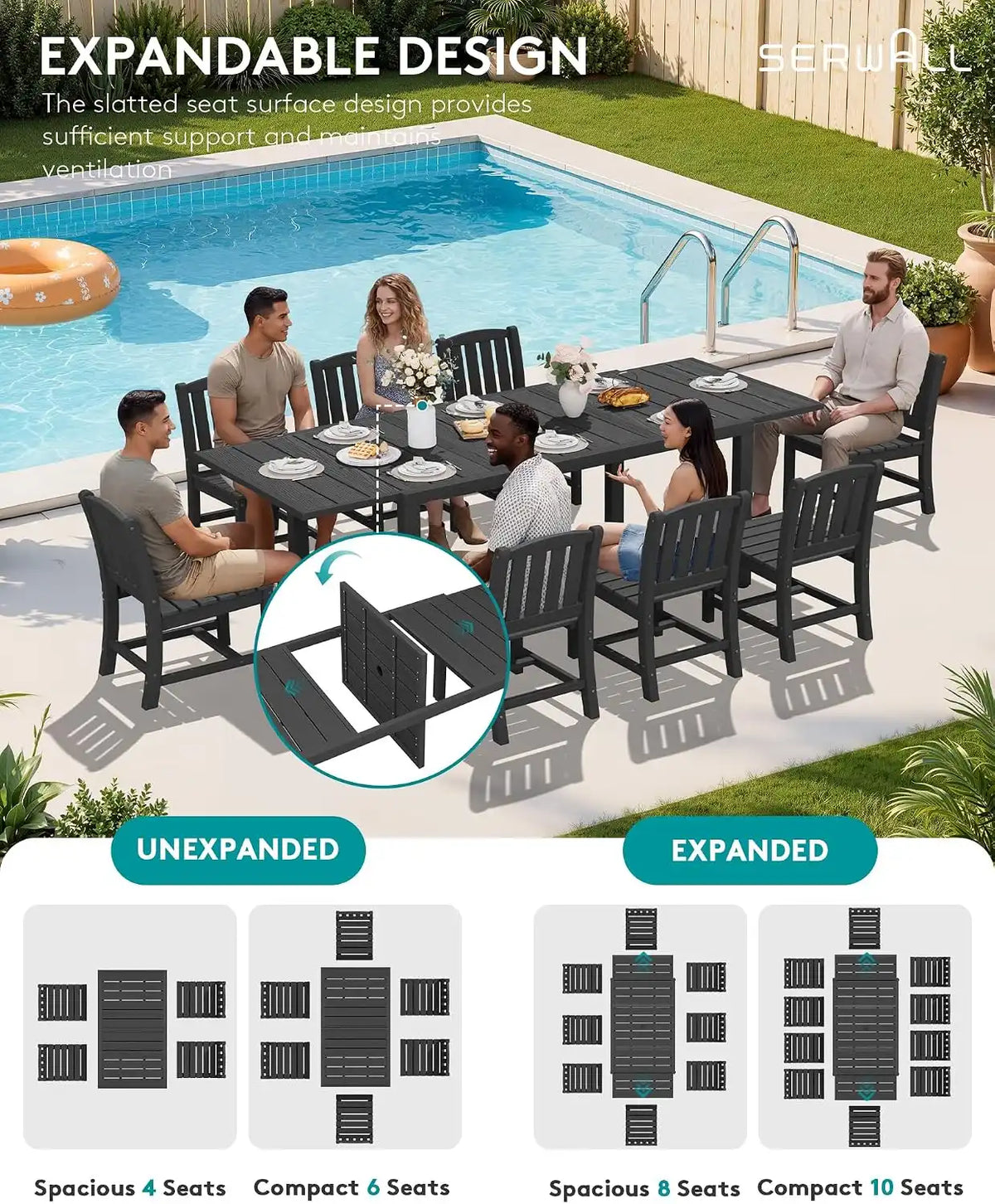 SERWALL Outdoor Dining Table and Chairs for 8, Black