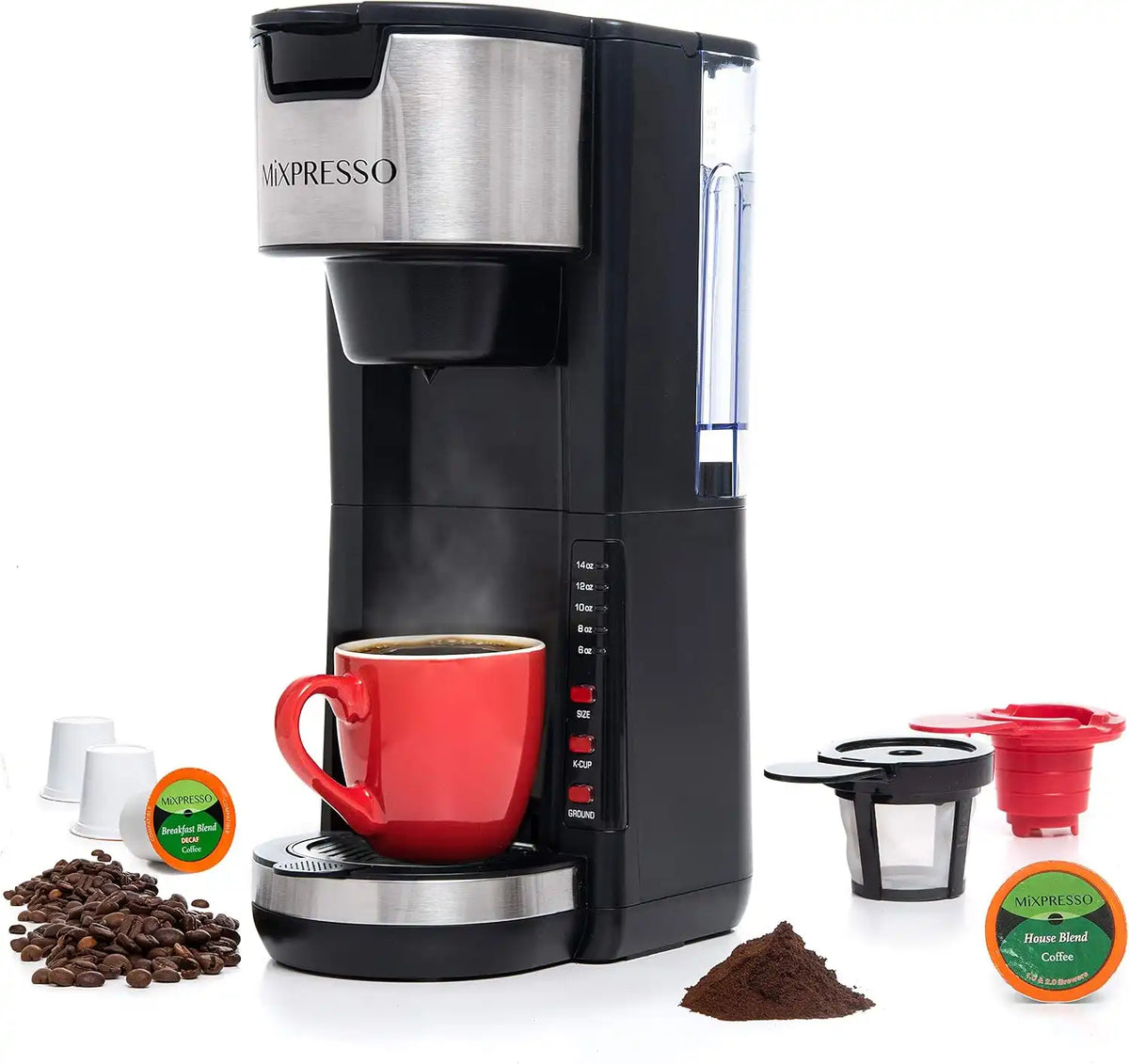 Mixpresso Black Single Serve Coffee Brewer K-Cup Pods Compatible & Ground, 30 oz Compact Coffee Maker Single Serve With 5 Brew Sizes Up To 14 Oz, Fits Travel Mug, Adjustable Drip Tray
