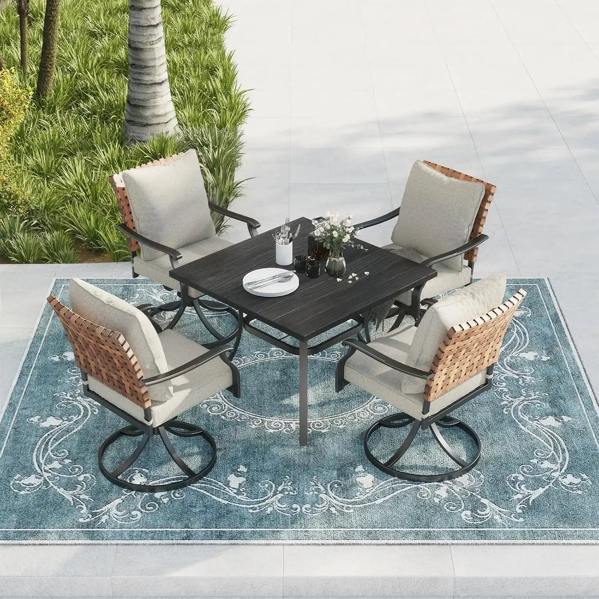 Grand patio 5-Pc Outdoor Swivel Dining Set, 4 Gray Chairs + Table, Black