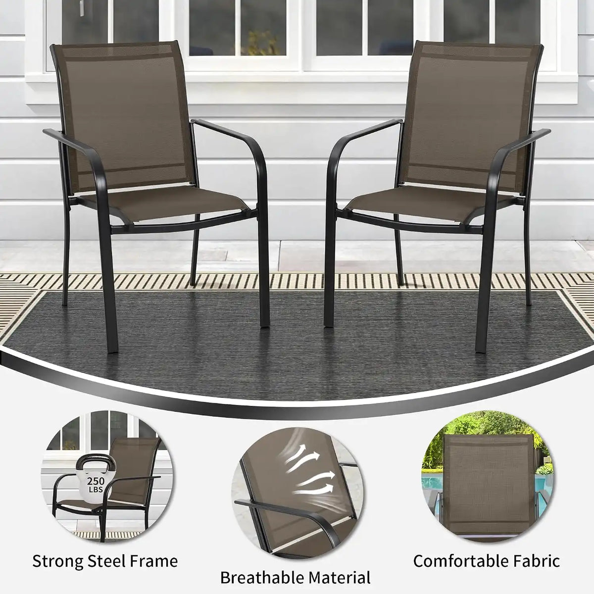 SUNCROWN 8 - Piece Outdoor Dining Set, Patio Furniture Set with 6 Textilene Dinning Chairs, 53" Metal Round Table and 1 Sky Blue 9Ft Patio Umbrella for Lawn Garden Backyard Deck, Brown