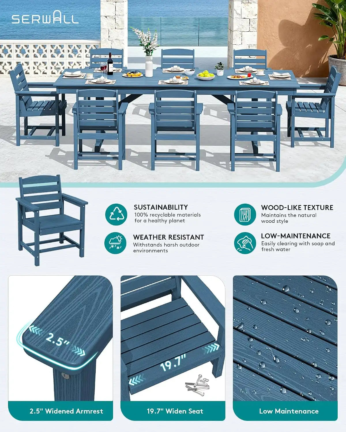 SERWALL Patio HDPE Dining Chairs Set of 2 with Arms, Navy