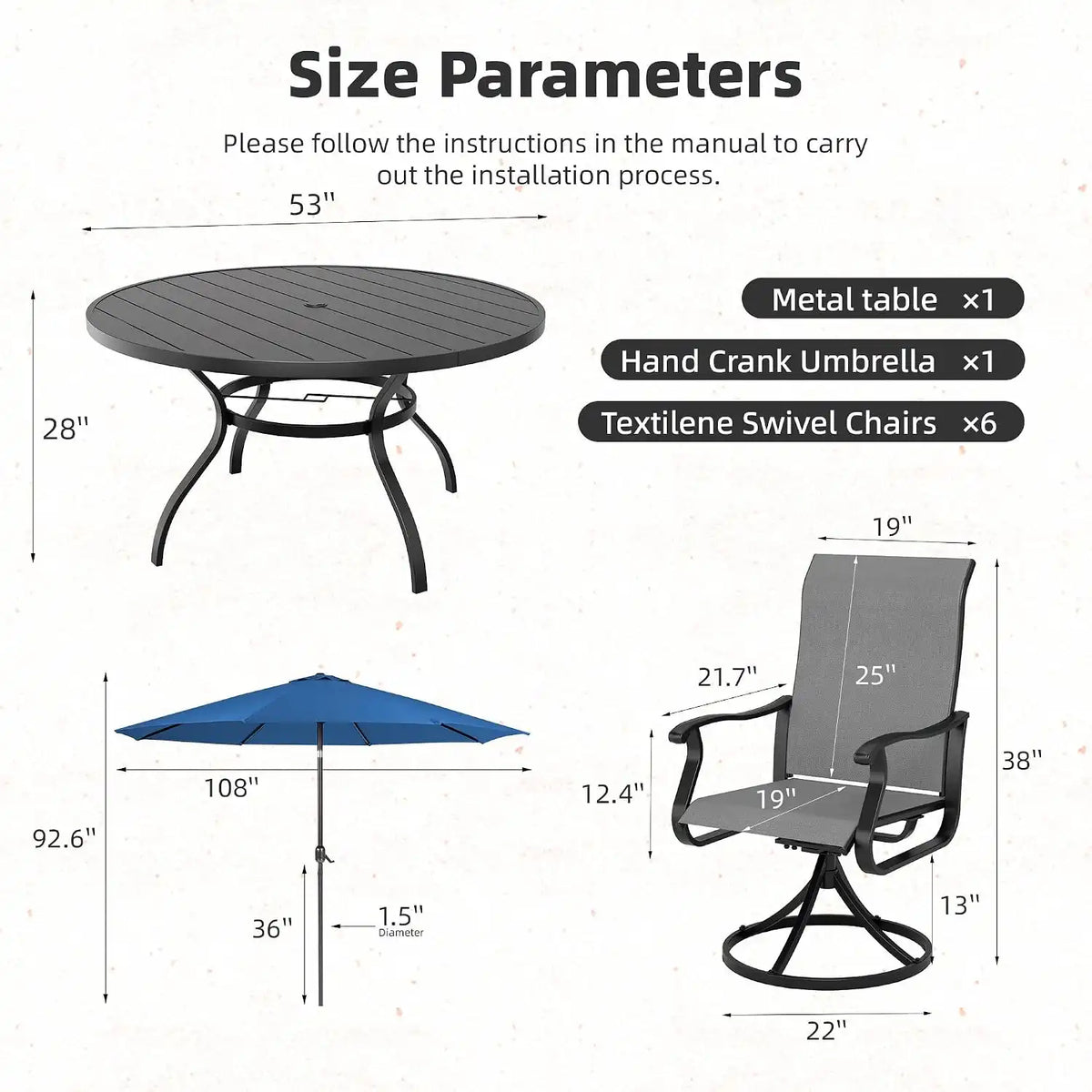 SUNCROWN 8-Piece Outdoor Dining Set, All Weather Patio Furniture Sets with 6 Dark Gray Swivel Textilene Mesh Chairs & Round Metal Table & 1 Dark Blue 9Ft Umbrella for Deck Garden Backyard Poolside