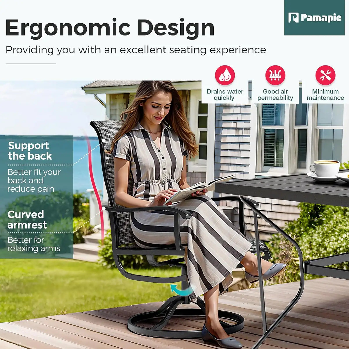 5-Piece Outdoor Dining Set, All Weather Patio Table and Chairs Set with Umbrella Hole for 4, Outdoor Table and 4 Textilene Swivel Chairs for Backyard, Poolside, Deck, Grey