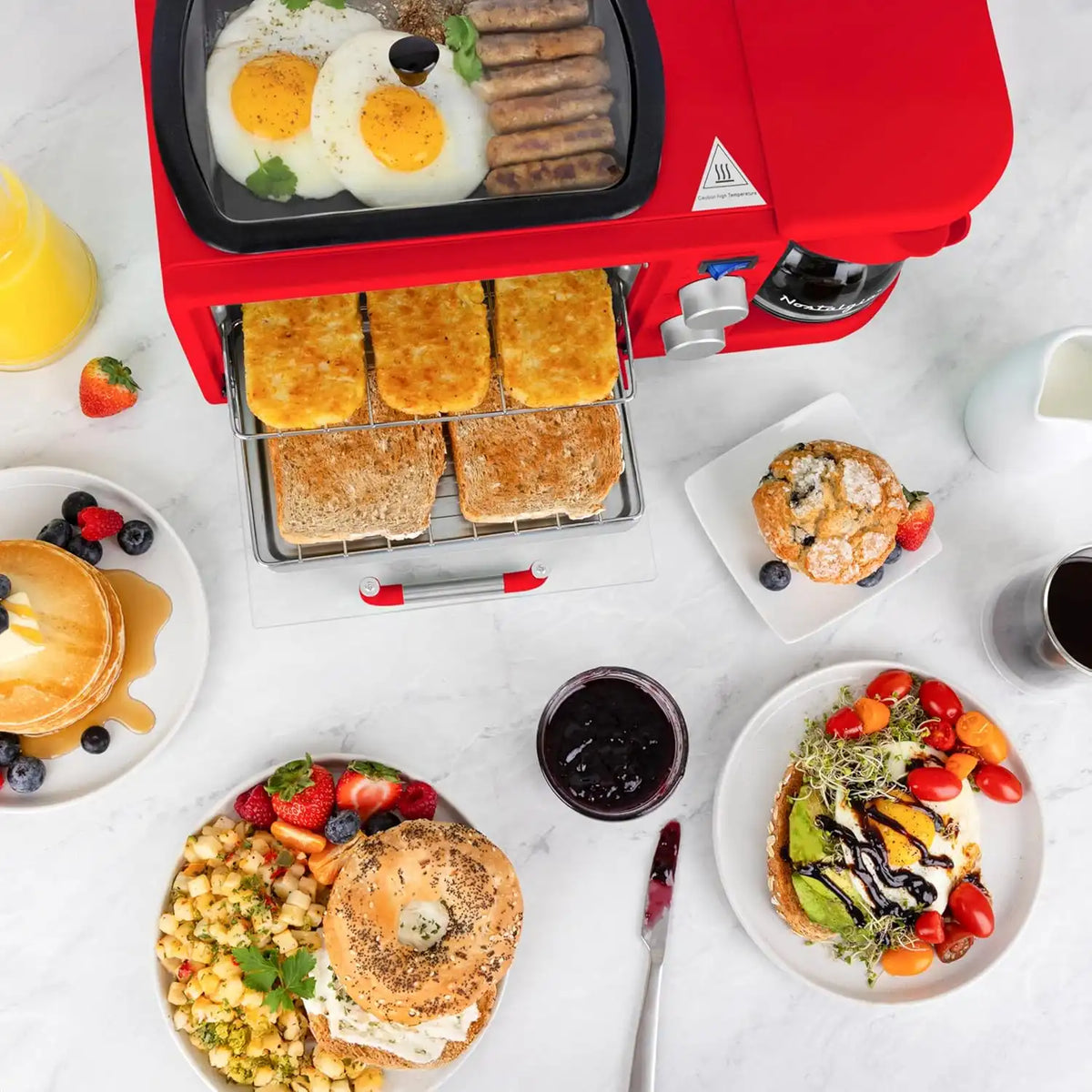 Nostalgia 3-in-1 Retro Breakfast Station - Includes 5 (4 Oz) Cup Coffee Maker, Non-Stick Ceramic Griddle, and 4-Slice Toaster Oven - Built-In Timer, Reusable Coffee Filter, Space-Saving Design - Red