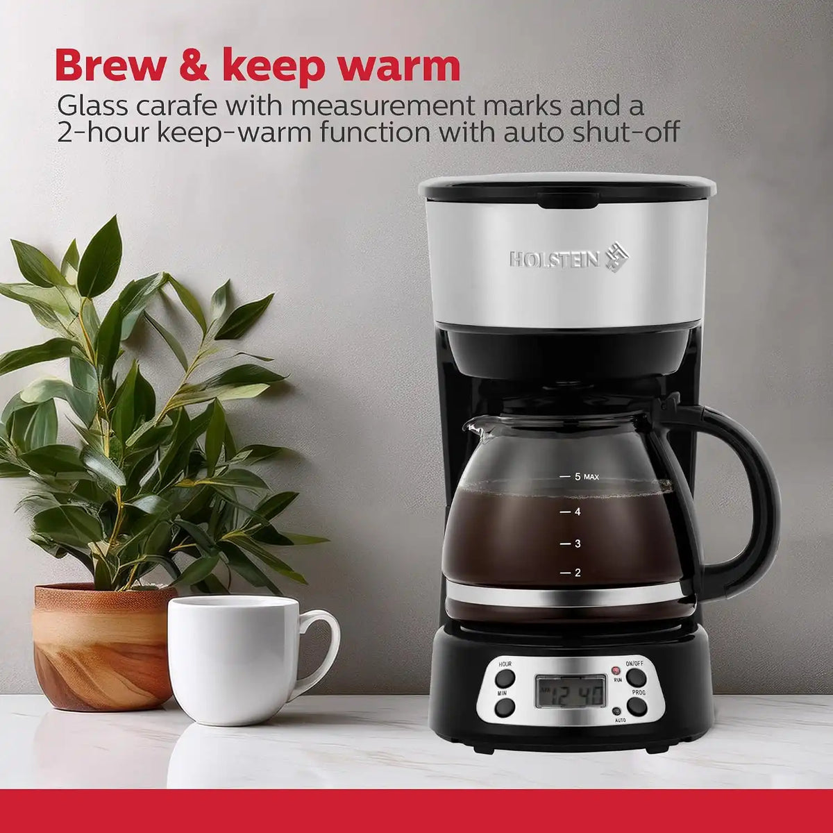 Holstein Housewares 5-Cup Programable Coffee Maker, Convenient and User Friendly, Black and Stainless Steel with Auto Pause and Serve Function, Glass Carafe