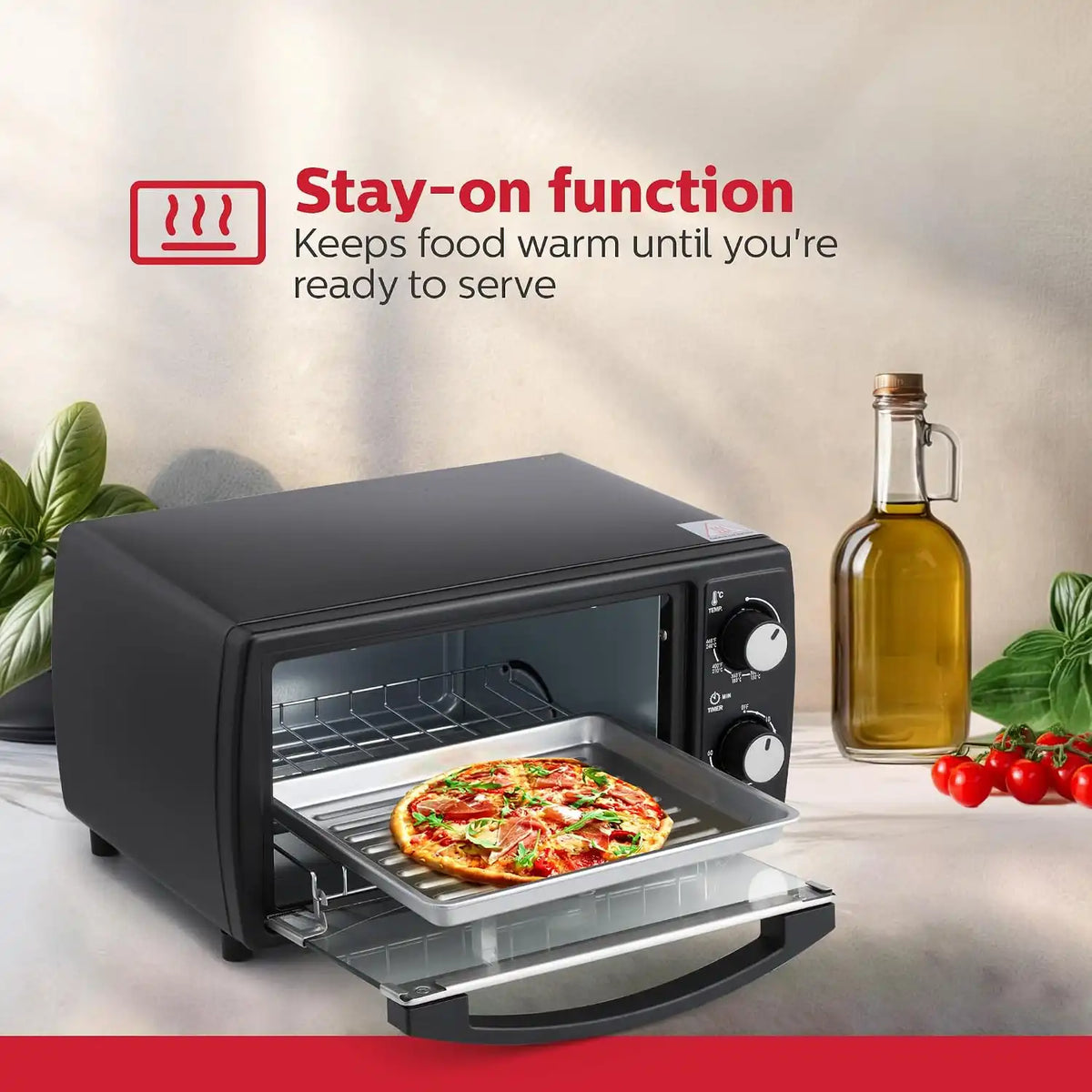 Holstein Housewares 4 Slice Countertop Toaster Oven with 60 Minute Timer Includes Pan and Wire Rack, Perfect for Baking, Broiling, and Toasting Compact Design in Sleek Black for Convenient Kitchen Use