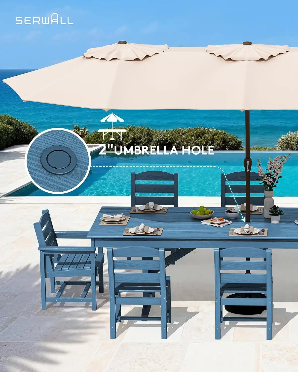 SERWALL 9Pcs HDPE Outdoor Dining Set w/6 Armless, 2 Armchairs for 8,Blue