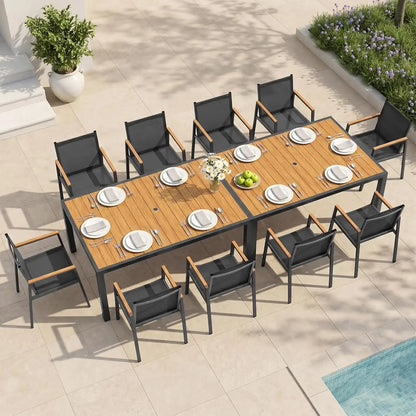 Outdoor Dining Set for 10, Aluminum Patio Table and Chairs Set, 12-Piece All Weather Patio Dining Furniture Set with Umbrella Hole for Backyard, Deck, Poolside (Gray-Teak)