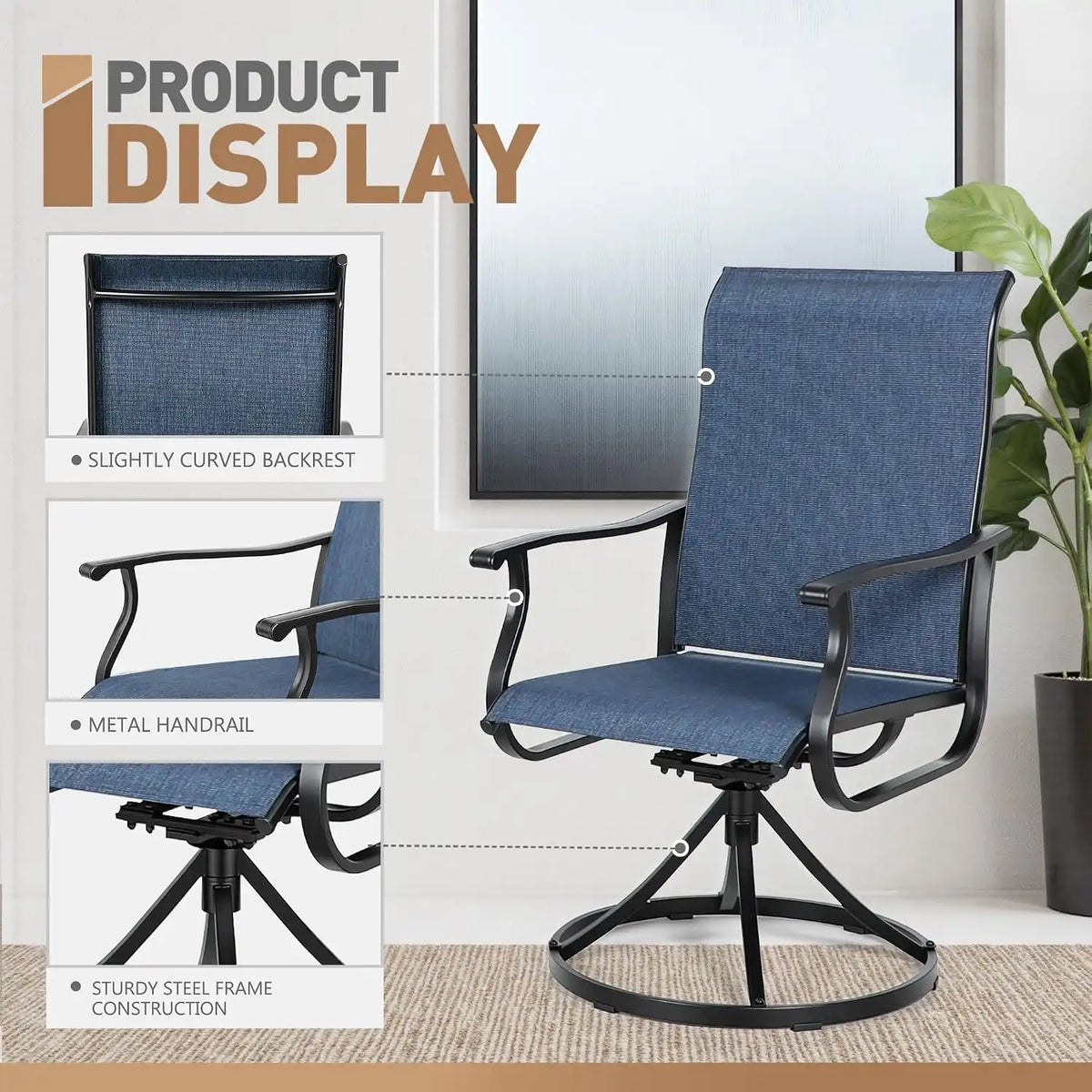 SUNCROWN Patio Swivel Rocker Dining Chairs Set of 2, All Weather High Back Textilene Outdoor Chairs with Sturdy Metal Frame, Swivel Rocking Patio Chairs for Backyard Lawn Garden Porch Deck, Blue