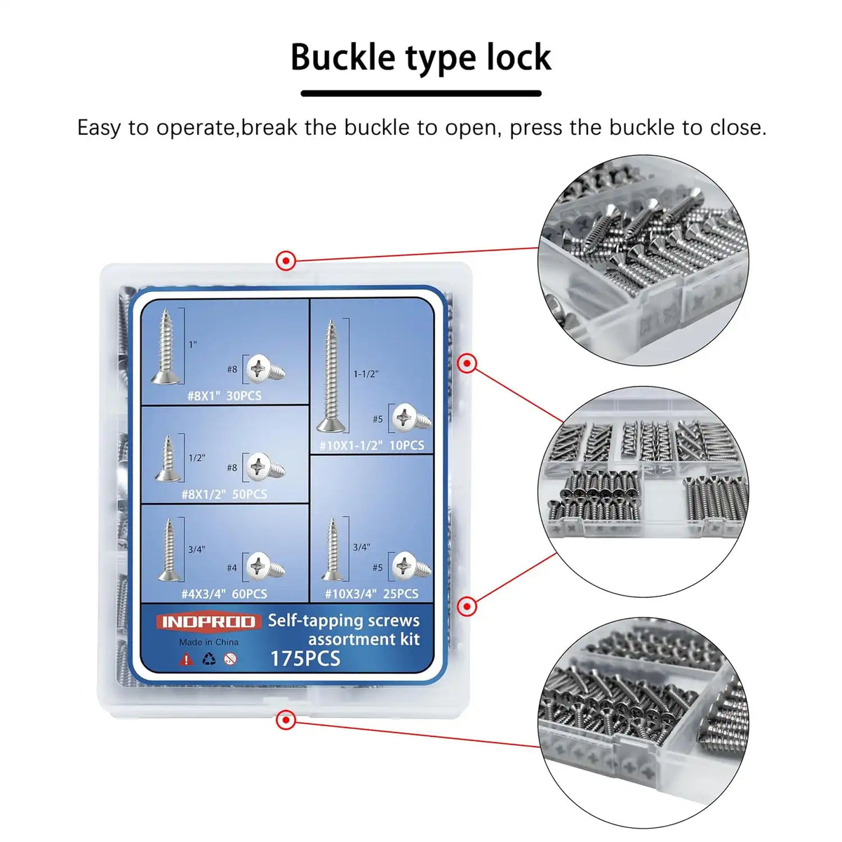 INDPRDO 175Pcs Stainless Steel Wood Screws Assortment Kit, #4#8#10 Phillips Flat Head Sheet Metal Screws Set, Self Tapping Screws for Metal, Small Screws,5 Sizes(3/4", 1/2", 1", 3/4", 1-1/2")