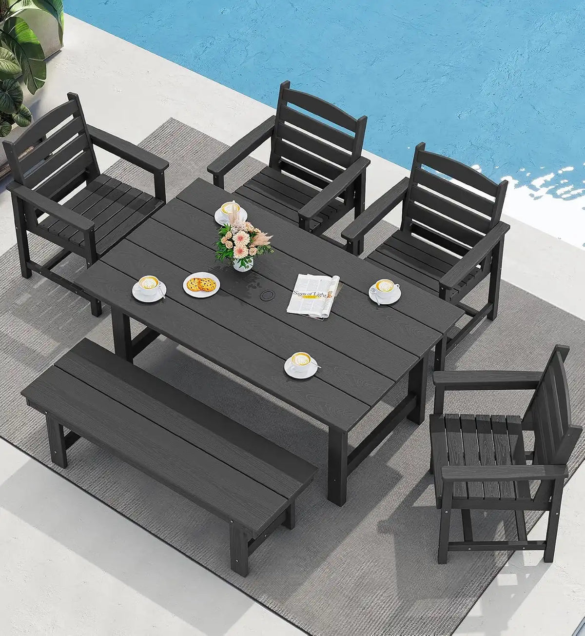 SERWALL Outdoor Dining Set, Patio Dining Set with Bench, Black