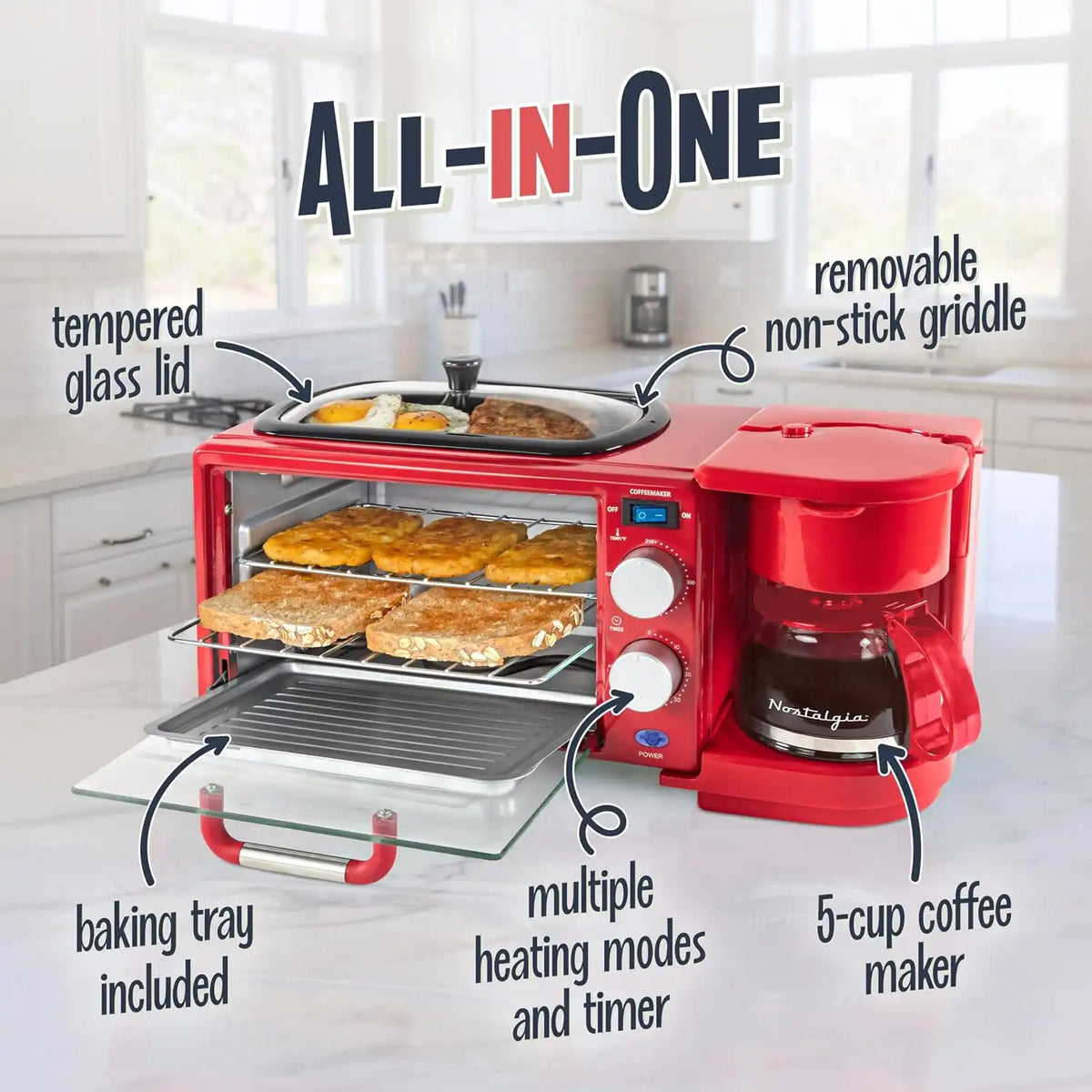 Nostalgia 3-in-1 Retro Breakfast Station - Includes 5 (4 Oz) Cup Coffee Maker, Non-Stick Ceramic Griddle, and 4-Slice Toaster Oven - Built-In Timer, Reusable Coffee Filter, Space-Saving Design - Red