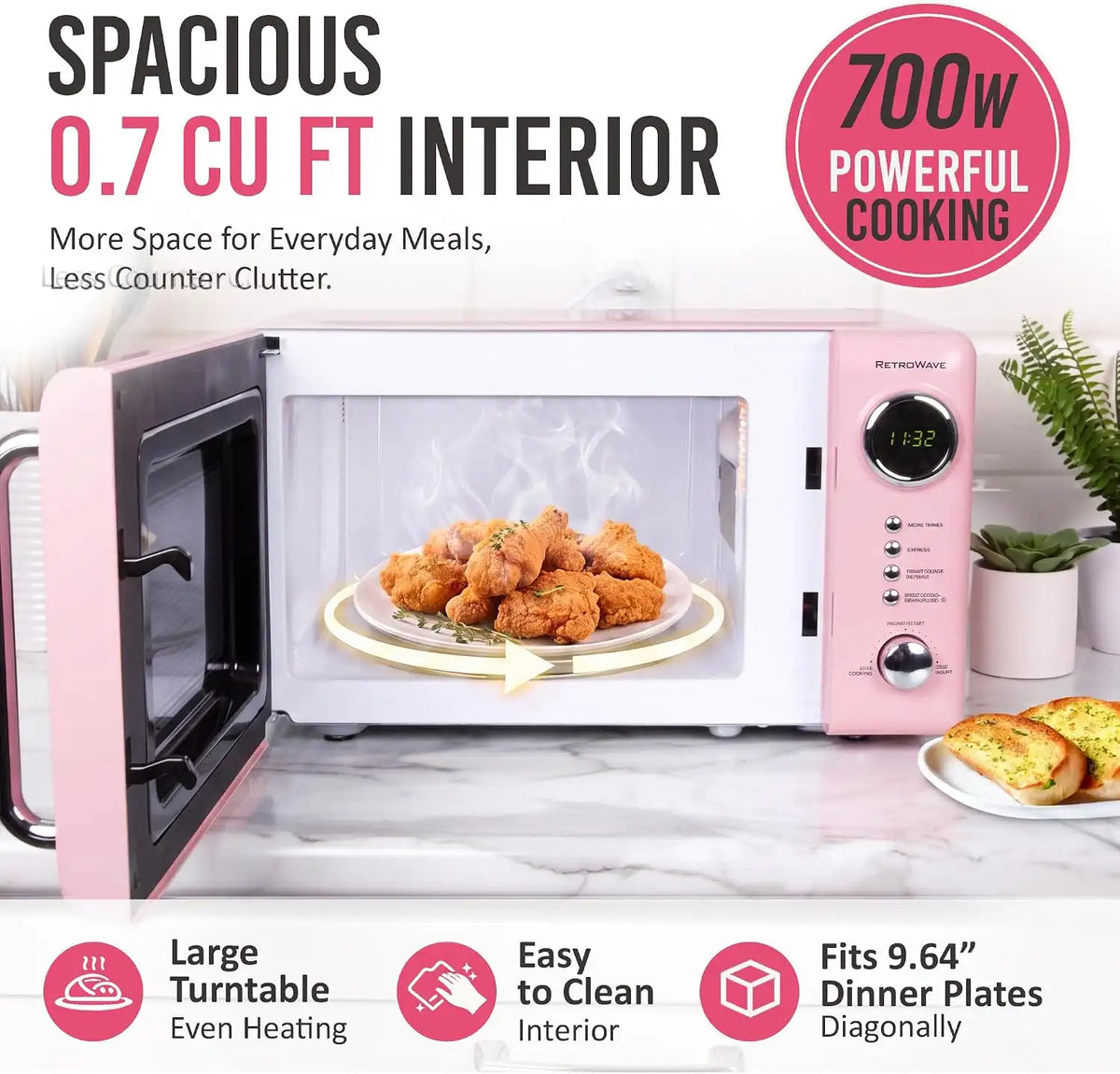 Nostalgia Countertop Microwave Oven with Easy Clean Interior - Retro Microwave with LED Display & Child Lock- Compact 0.7 Cu. Ft. Oven With 12 Pre-Programmed Settings for Quick Cooking- 700-Watts-Pink
