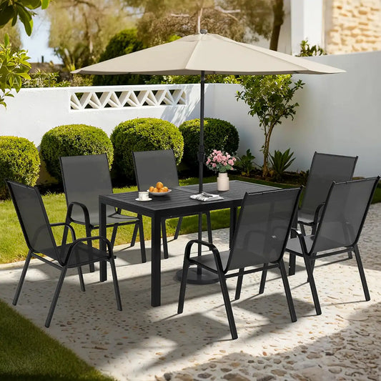 Pamapic Outdoor Dining Sets for 6, Rectangular Steel Slat Table with 6 Textilene Chairs, 7 Piece Patio Table and Chairs Set with Umbrella Hole for Patio, Backyard, Poolside (Black, No Umbrella)