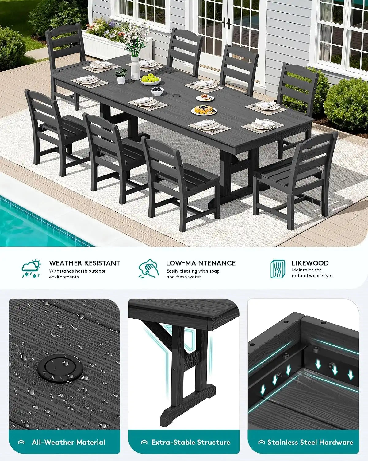 SERWALL 9Pcs 84" HDPE Outdoor Dining Set for 8 with Armless Chairs,Black