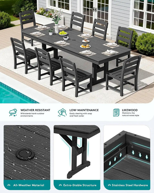 SERWALL 9Pcs 84" HDPE Outdoor Dining Set for 8 with Armless Chairs,Black