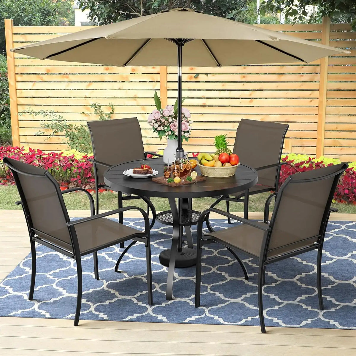 SUNCROWN 6 - Piece Outdoor Dining Set, Patio Furniture Set with 4 Textilene Dinning Chairs, 41" Metal Round Table and 1 Brown 9Ft Patio Umbrella for Lawn Garden Backyard Deck, Brown
