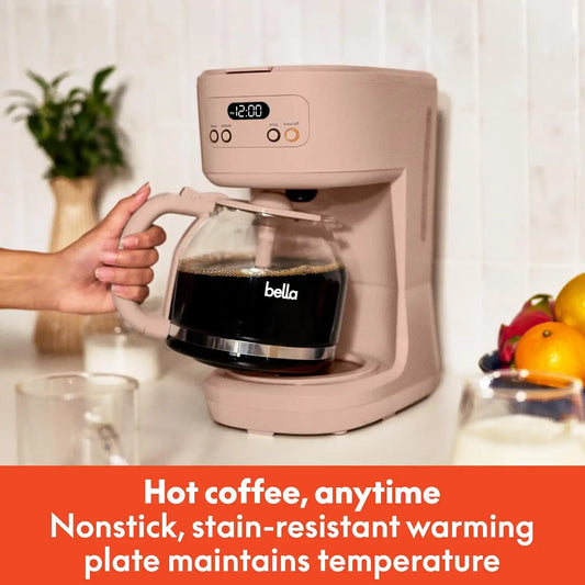BELLA 12 Cup Programmable Coffee Maker, Reusable Dishwasher Safe Accessories, Easy LCD display, Auto Shutoff, 900 watt, Blossom