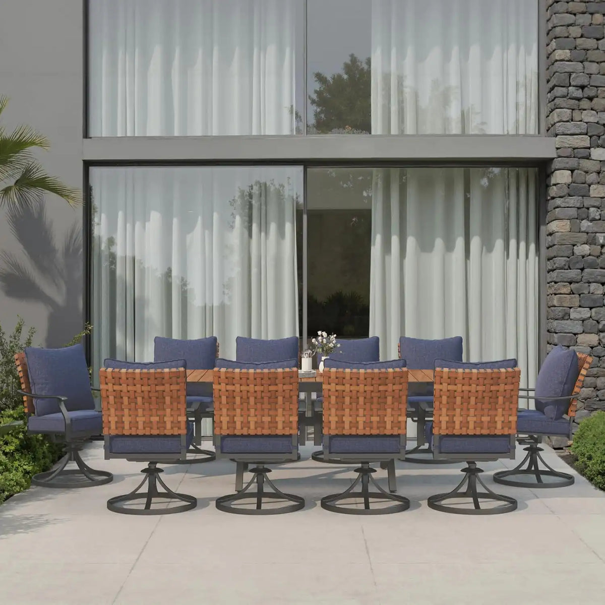 Grand patio 11-Pc Outdoor Swivel Dining Set, 10 Blue Chairs + Table, Brown