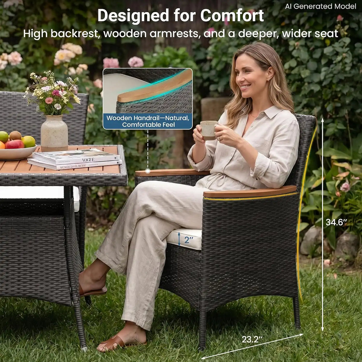 Wisteria Lane Rattan Patio Table and Chairs Set with Acacia Wood Tabletop