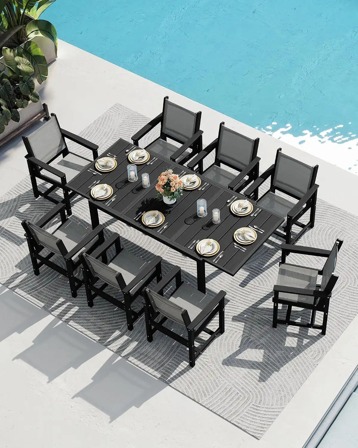 SERWALL HDPE Outdoor Dining Set for 8 with Textilene Chairs, Black