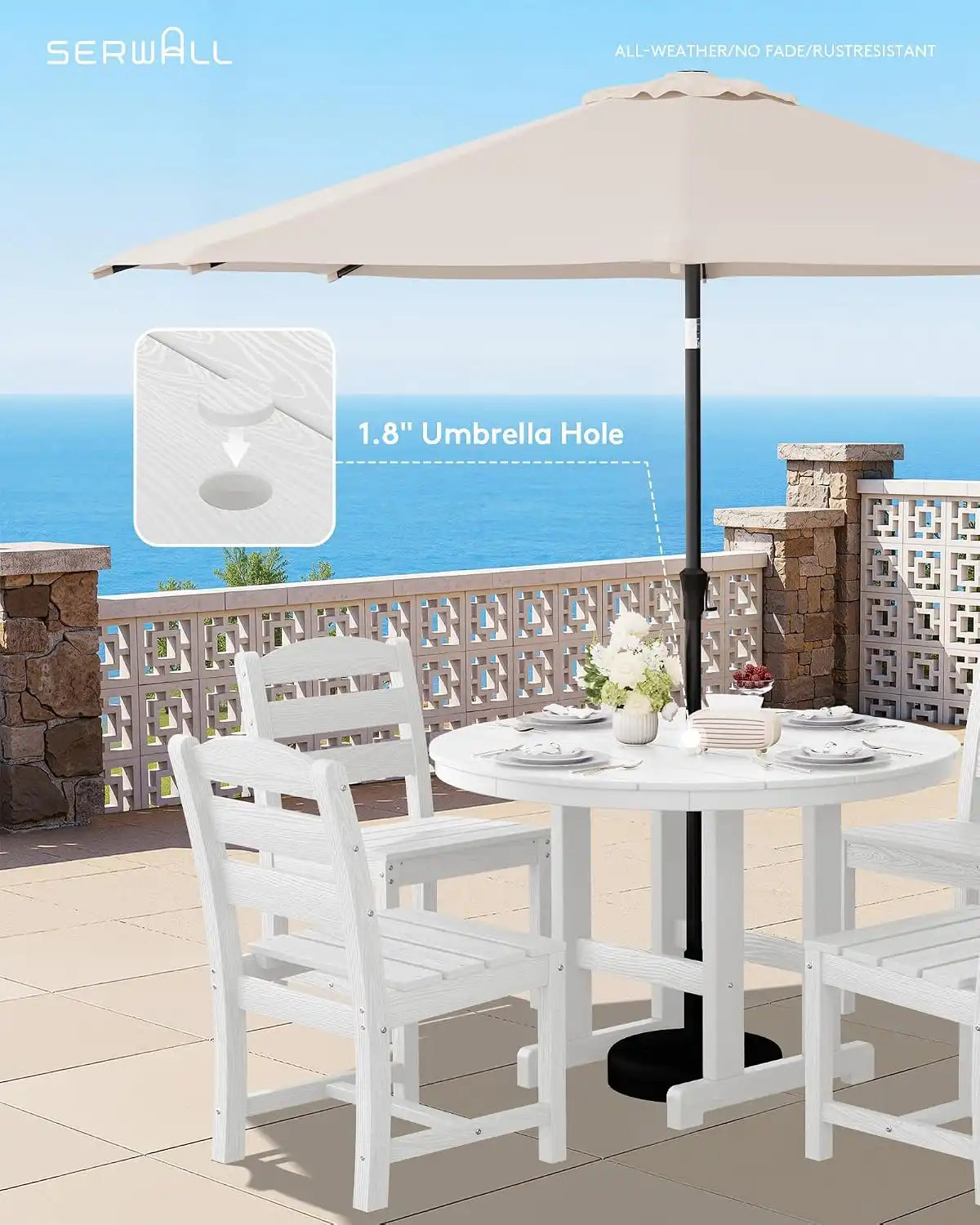 SERWALL 5-Piece Patio Dining Set, 45" Table & 4 Armless Chairs, White