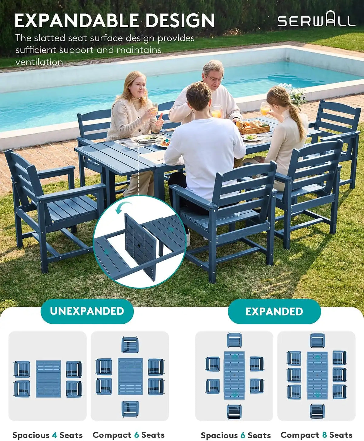 SERWALL 60" - 83" Expandable Outdoor Dining Table and 6 HDPE Chairs, Blue