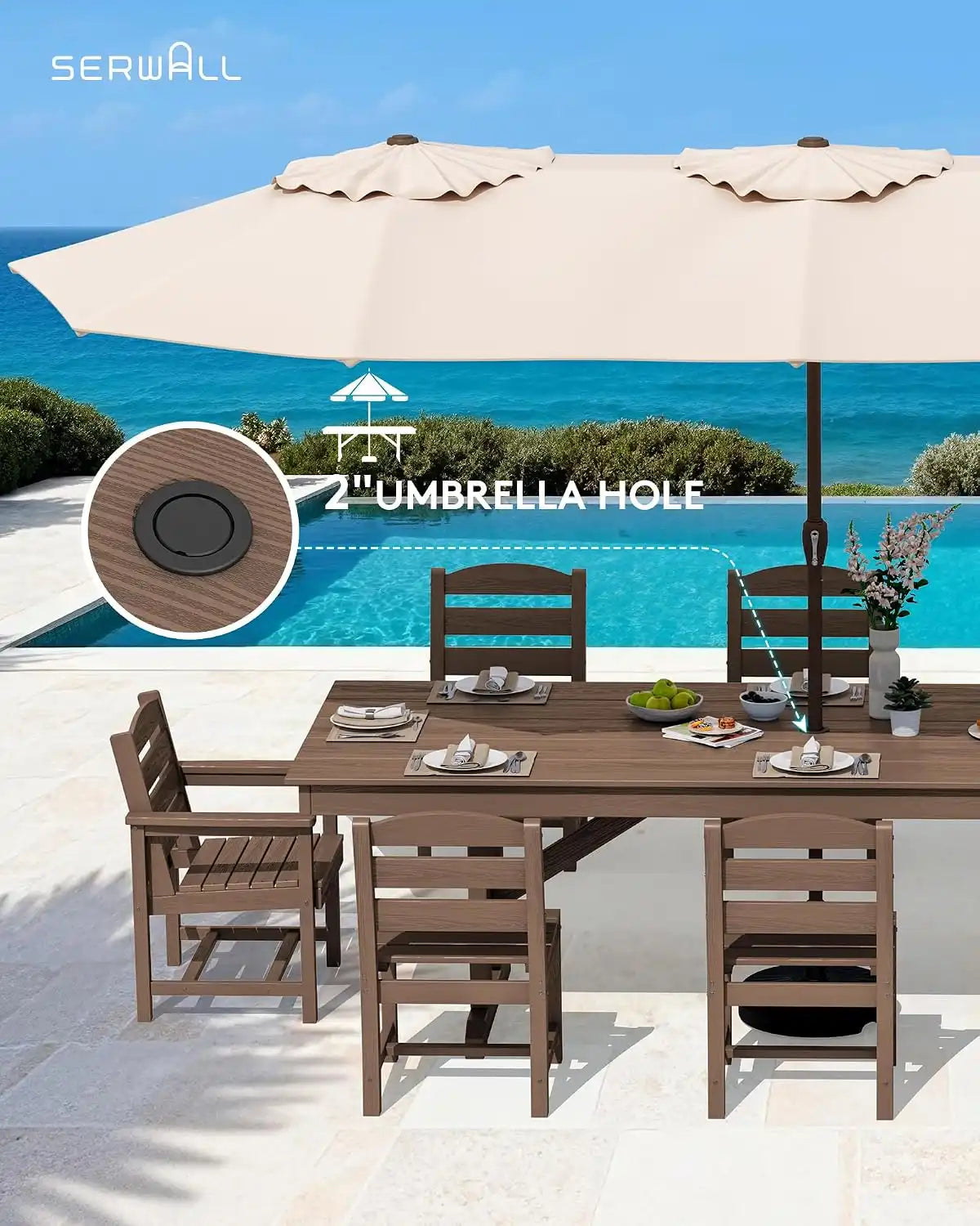 SERWALL 9Pcs HDPE Outdoor Dining Set w/6 Armless, 2 Armchairs for 8,Brown