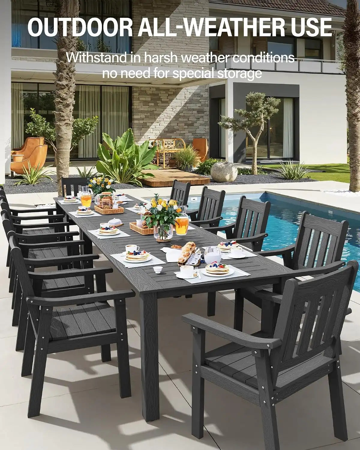 YEFU Outdoor Dining Set for 10, All-Weather HIPS, Aluminum Frame, Grey